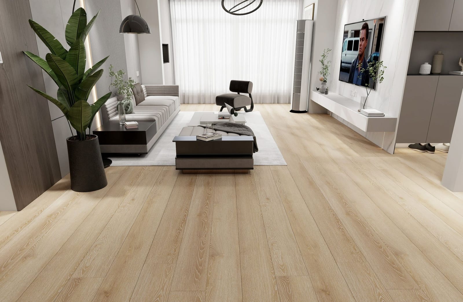 Warm oak laminate flooring in a bright, minimal living room